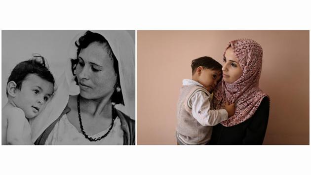 A Palestinian woman holding a child at UNRWA’s health centre in Rafah camp in the southern Gaza Strip, in 1969 (L) and a Palestinian woman holding a child at the same camp, on September 3, 2019. Many Israelis regard UNRWA - by far the largest humanitarian organisation handling Palestinian refugees - with suspicion. (Kay Brennan / Ibraheem Abu Mustafa / REUTERS)