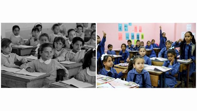 Students attend a lesson inside a classroom in Jabal el-Hussein camp in Amman, Jordan, in 1971 (L) and schoolchildren attend a lesson in a classroom at one of the UNRWA schools at Jabal el-Hussein Palestinian refugee camp in Amman, on September 29, 2019. A key presence in these lives is UNRWA, the United Nations agency which provides services and protection to 5.5 million Palestinian refugees. (Munir Nasr / Muhammad Hamed / REUTERS)