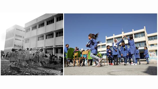 Palestinian refugee students play in their schoolyard in Amman New camp, Jordan, in 1969 (L) and Palestinian refugee schoolchildren play at the same camp, on September 26, 2019. The UNRWA for Palestine Refugees in the Near East was created by the UN General Assembly 70 years ago to deal with thousands of refugees who had been driven from their homes or fled the conflict surrounding the birth of the modern state of Israel in 1948. (George Nehmeh / Muhammad Hamed / REUTERS )