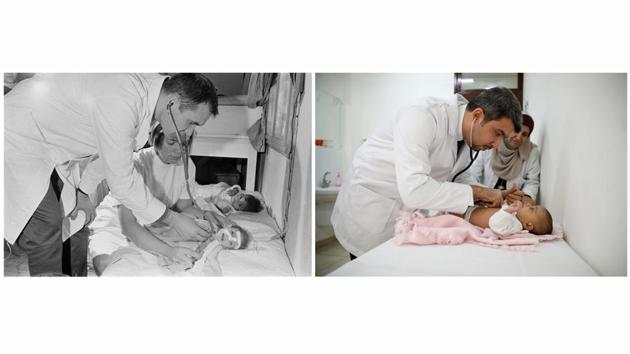 A doctor examines a child in Baqaa camp, near Amman, Jordan, in 1969 (L) and a doctor examines a child at a health center at Baqaa Palestinian refugee camp, near Amman, Jordan, on September 29, 2019. (UNRWA / Muhammad Hamed / REUTERS)