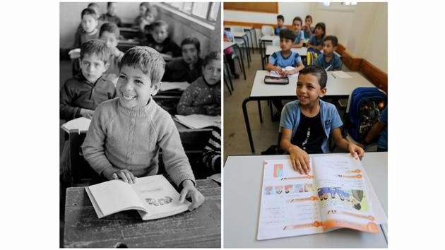 Palestinian students attend a class inside al-Falah Elementary School in Gaza Strip in 1974 (L) and Palestinian students attend a class inside al-Falah Elementary School on September 2, 2019. Israeli Prime Minister Benjamin Netanyahu has said that UNRWA’s longevity had served to perpetuate, not solve, the refugee problem. “It is time (for) UNRWA (to) be dismantled,” he said in 2017, urging the U.N. to “re-examine” its existence. (George Nehmeh / Ibraheem Abu Mustafa / REUTERS )