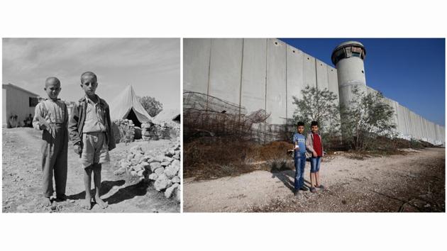 An undated handout photo of Palestinian boys at Aida refugee camp in Bethlehem in the Israeli-occupied West Bank (L) and Palestinian boys posing for a photo in front of a section of the Israeli barrier in Aida refugee camp in Bethlehem, on October 19, 2019. (UNRWA / Mussa Qawasma / REUTERS )