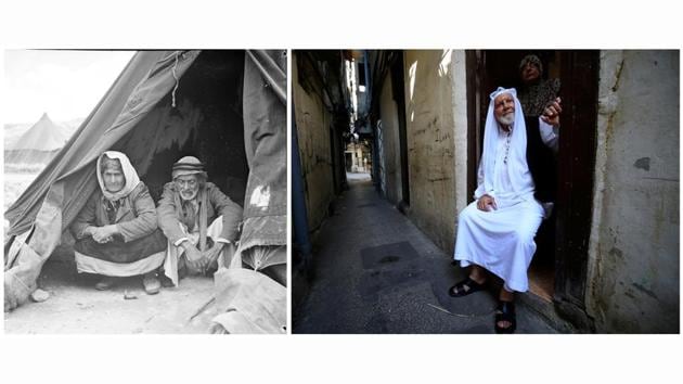 Palestinian refugees are seen sitting inside a tent in the newly formed Ein El Hilweh refugee camp in Beirut, Lebanon, in 1948 (L) and an elderly Palestinian man is seen with his wife at the Ain el-Hilweh refugee camp near Sidon, southern Lebanon, on September 24, 2019. Although nothing is certain in Middle East politics, such an overwhelming majority is unlikely to be overturned in the final vote, the agency’s supporters say, with no easy alternative available. (Myrtle Winter Chaumeny / Ali Hashisho / REUTERS )