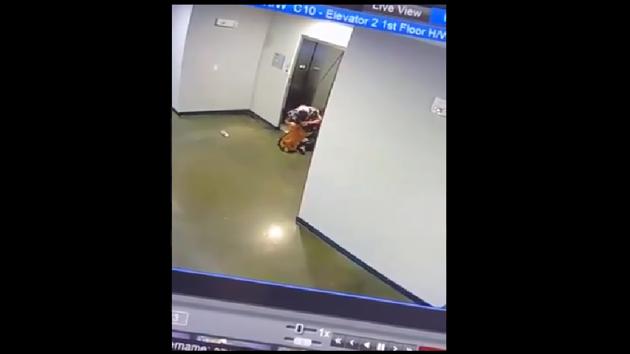 The CCTV footage captured the pooch almost being strangled after its leash got struck in elevator doors. (Twitter/@Johnnayyeee) The CCTV footage captured the pooch almost being strangled after its leash got struck in elevator doors. (Twitter/@Johnnayyeee)