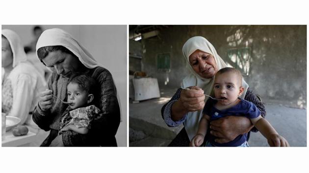 A Palestinian woman feeds a child at UNRWA’s rehydration/nutrition centre in Ein El Sultan camp in Jericho in the Israeli-occupied West Bank in 1960s (L) and a Palestinian woman feeds a child at the same camp on September 17, 2019. Middle East has lurched from conflict to civil war to peace and back again. But for Palestinian refugees in these camps, there has been little movement over decades. (UNRWA / Mohamad Torokman / REUTERS)