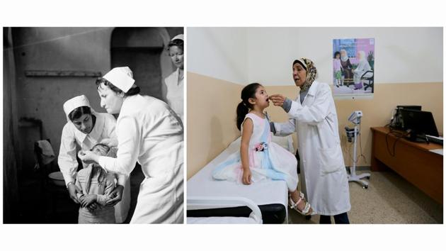 Nurses attend a child at a UNRWA health centre for Palestinian refugees in Beirut, Lebanon, in 1952 (L) and a Palestinian refugee girl receives a vaccination at a UNRWA clinic at Burj al-Barajneh refugee camp in Beirut, Lebanon on June 23, 2019. Visited by photographers decades apart, time seems to have passed at a different speed in many of the Palestinian refugee camps scattered across Lebanon, Jordan, Syria, the West Bank, East Jerusalem and Gaza. (UNRWA / Aziz Taher / REUTERS)