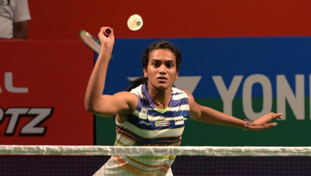 PV Sindhu of India in action during India Open 2019.(Mohd Zakir/HT PHOTO)