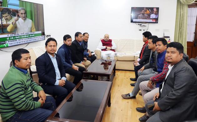 Home Minister Amit Shah met with delegations of IPFT and Joint Movement Against CAB from Tripura and discussed their concerns on Thursday.(ANI Photo) Home Minister Amit Shah met with delegations of IPFT and Joint Movement Against CAB from Tripura and discussed their concerns on Thursday.(ANI Photo)