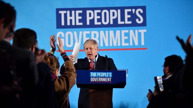 Britain's Prime Minister and leader of the Conservative Party, Boris Johnson speaks during a campaign event to celebrate the result of the General Election, in central London. Prime Minister Boris Johnson on Friday hailed a political “earthquake” after securing a sweeping election win, which clears the way for Britain to finally leave the European Union next month after years of political deadlock. (Ben STANSALL / AFP)