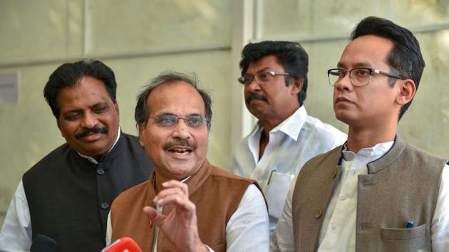 Congress leader Adhir Ranjan Chowdhury addresses the media as MP Gaurav Gogoi looks on, during the ongoing Winter Session, at Parliament House in New Delhi. (Photo: PTI) Congress leader Adhir Ranjan Chowdhury addresses the media as MP Gaurav Gogoi looks on, during the ongoing Winter Session, at Parliament House in New Delhi. (Photo: PTI)