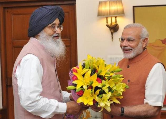 A file photo of Shiromani Akali Dal patriarch Parkash Singh Badal calling on Prime Minister Narendra Modi in New Delhi. The SAD, founded on this day in 1920, is one of the oldest constituents of the BJP-led National Democratic Alliance.(HT photo) A file photo of Shiromani Akali Dal patriarch Parkash Singh Badal calling on Prime Minister Narendra Modi in New Delhi. The SAD, founded on this day in 1920, is one of the oldest constituents of the BJP-led National Democratic Alliance.(HT photo)
