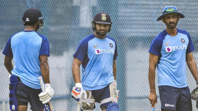 Indian player Rohit Sharma bats in the nets during a practice session.(PTI) Indian player Rohit Sharma bats in the nets during a practice session.(PTI)