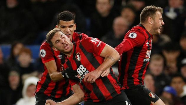 Bournemouth's Dan Gosling celebrates scoring a goal with teammates.(Action Images via Reuters)