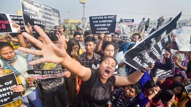 Demonstrators against the Citizenship Amendment Bill (CAB) during a strike called by the North East Students’ Organisation (NESO), in Agartala. The United Nations human rights office described the Citizenship (Amendment) Act as “fundamentally discriminatory in nature” and called for it to be reviewed even as a US panel that monitors religious freedom again expressed concern about the law. (PTI)