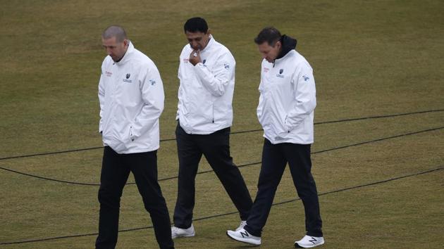 England's umpires Richard Kettlevorough, right, and Michael Gough, left, and Pakistani umpire Shozab Raza.(AP) England's umpires Richard Kettlevorough, right, and Michael Gough, left, and Pakistani umpire Shozab Raza.(AP)