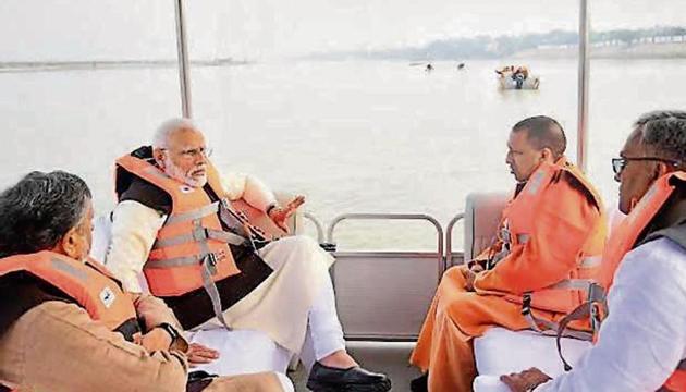 Prime Minister Narendra Modi reviews the Namami Gange project, aimed at cleaning river Ganga, in Kanpur on Saturday. (HT Photo) Prime Minister Narendra Modi reviews the Namami Gange project, aimed at cleaning river Ganga, in Kanpur on Saturday. (HT Photo)