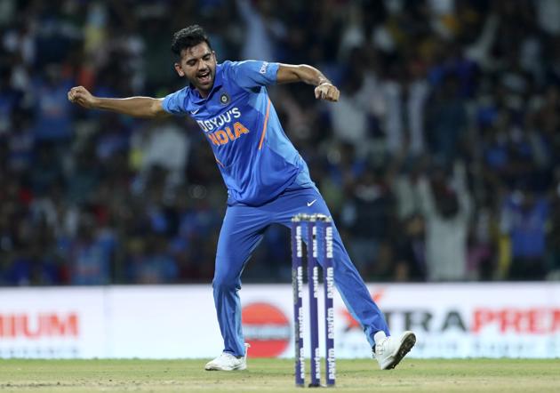 Deepak Chahar celebrates the dismissal of West Indies' Sunil Ambris. (AP)