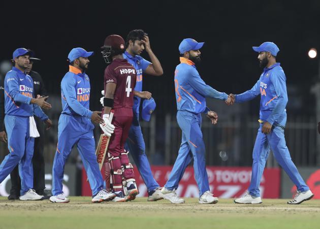 West Indies' Shai Hope, third left, greets Indian players. (AP)