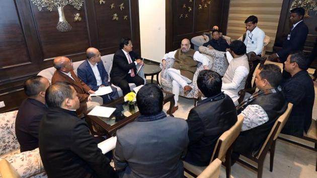 Union Home Minister Amit Shah in a meeting with a delegation of Meghalaya Democratic Alliance (MDA) led by its Chairman & Chief Minister Conrad K Sangma, in New Delhi on Saturday. (ANI Photo)