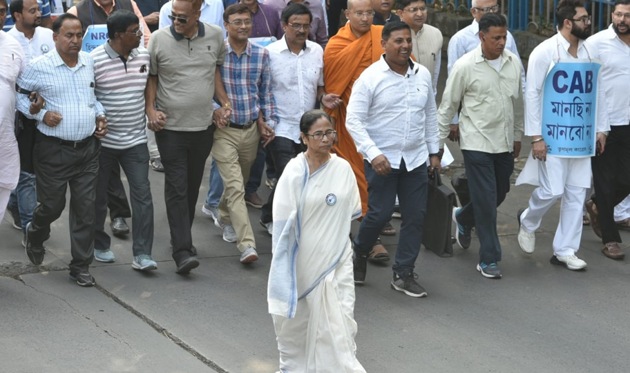 West Bengal Chief Minister Mamata Banerjee at a protest march in Kolkata against the amended Citizenship Act and the proposed countrywide NRC on Monday.(Samir Jana/HT Photo)