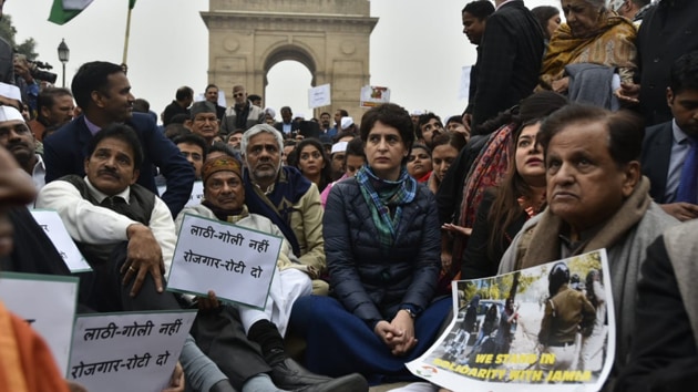 Congress leader Priyanka Gandhi at a dharna in India Gate. (Photo by Sanjeev Verma/HT) Congress leader Priyanka Gandhi at a dharna in India Gate. (Photo by Sanjeev Verma/HT)