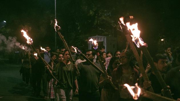 TISS students also marched from their college campus to the Ambedkar Garden in Chembur.(HT)