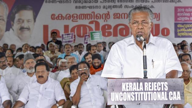 Kerala Chief Minister Pinarayi Vijayan addresses the gathering during a protest against the amended Citizenship Act in Thiruvananthapuram on Monday.(PTI PHOTO.) Kerala Chief Minister Pinarayi Vijayan addresses the gathering during a protest against the amended Citizenship Act in Thiruvananthapuram on Monday.(PTI PHOTO.)