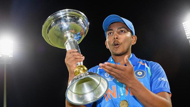 File image: Prithvi Shaw holds Under-19 World Cup trophy after leading side to victory against Australia.(IDI via Getty Images)