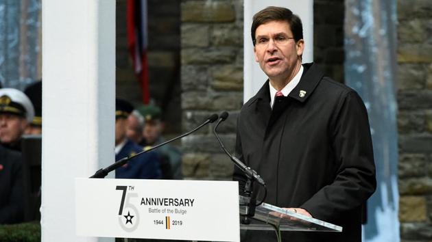 US Secretary of Defense Mark Esper speaks during the 75th commemoration ceremony of the Battle of the Bulge, at the Mardasson Memorial, in Bastogne. Esper paid tribute to over 19,000 US troops who died in one of the bloodiest battles in the nation’s history. “Their efforts not only defended America but also ensured that the peoples of Europe would be free again,” Esper said, calling the Battle of the Bulge “one of the greatest in American history.” (John Thys / AFP) US Secretary of Defense Mark Esper speaks during the 75th commemoration ceremony of the Battle of the Bulge, at the Mardasson Memorial, in Bastogne. Esper paid tribute to over 19,000 US troops who died in one of the bloodiest battles in the nation’s history. “Their efforts not only defended America but also ensured that the peoples of Europe would be free again,” Esper said, calling the Battle of the Bulge “one of the greatest in American history.” (John Thys / AFP)