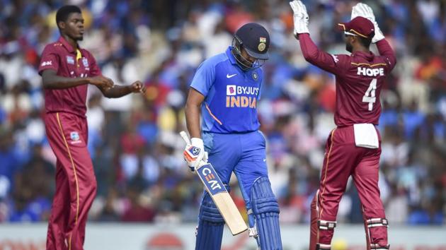 Rohit Sharma was dismissed by Sheldon Cottrell in 1st ODI(PTI) Rohit Sharma was dismissed by Sheldon Cottrell in 1st ODI(PTI)