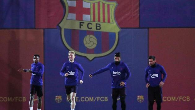 Barcelona's Anssumane Fati, Frenkie de Jong, Luis Suarez and Lionel Messi during training (REUTERS) Barcelona's Anssumane Fati, Frenkie de Jong, Luis Suarez and Lionel Messi during training (REUTERS)