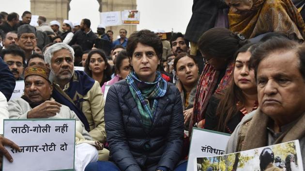 Congress leader Priyanka Gandhi Vadra holds a sit-in protest in a show of solidarity with the students from Jamia Millia Islamia and several other universities across the country protesting the contentious Citizenship Amendment Act, at India Gate, in New Delhi, India, on Monday, December 16, 2019. (Sanjeev Verma/HT PHOTO) Congress leader Priyanka Gandhi Vadra holds a sit-in protest in a show of solidarity with the students from Jamia Millia Islamia and several other universities across the country protesting the contentious Citizenship Amendment Act, at India Gate, in New Delhi, India, on Monday, December 16, 2019. (Sanjeev Verma/HT PHOTO)