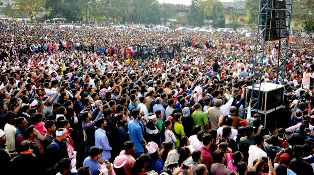 Protestors gather for a concert organised by All Artists of Assam against Citizenship Amendment Act, at AEI playground in Guwahati, Sunday, Dec. 15, 2019. (PTI) Protestors gather for a concert organised by All Artists of Assam against Citizenship Amendment Act, at AEI playground in Guwahati, Sunday, Dec. 15, 2019. (PTI)