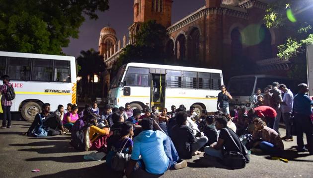 Students of Madras University during a silent protest against the passing of Citizenship Amendment Act (CAA), at the university campus in Chennai, Tuesday, Dec. 17, 2019. (PTI) Students of Madras University during a silent protest against the passing of Citizenship Amendment Act (CAA), at the university campus in Chennai, Tuesday, Dec. 17, 2019. (PTI)