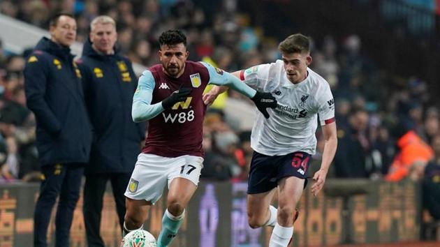 Soccer Football - Carabao Cup - Quarter Final - Aston Villa v Liverpool - Villa Park, Birmingham, Britain - December 17, 2019 Aston Villa's Trezeguet in action with Liverpool's Tony Gallacher REUTERS/Andrew Yates(REUTERS)