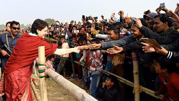 Congress general secretary Priyanka Gandhi Vadra at an election rally, in Jharkhand’s Barharwa on Wednesday.(ANI photo) Congress general secretary Priyanka Gandhi Vadra at an election rally, in Jharkhand’s Barharwa on Wednesday.(ANI photo)