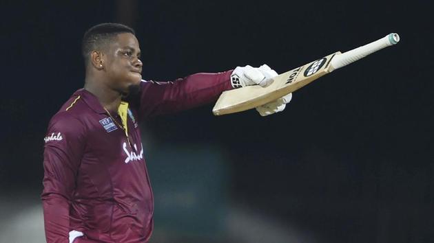 Shimron Hetmyer celebrates his century during the first ODI between India and West Indies, at MAC Stadium in Chennai.(PTI)