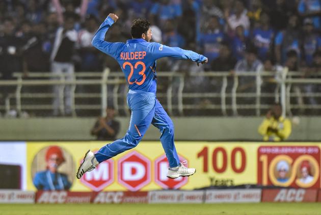 Kuldeep Yadav celebrates after completing his hat-trick. (PTI)