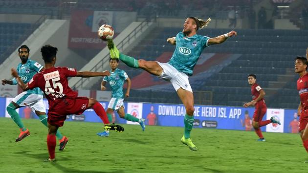 Players of North East United FC and Bengaluru FC vie for the ball during their ISL match in Guwahati. (PTI) Players of North East United FC and Bengaluru FC vie for the ball during their ISL match in Guwahati. (PTI)