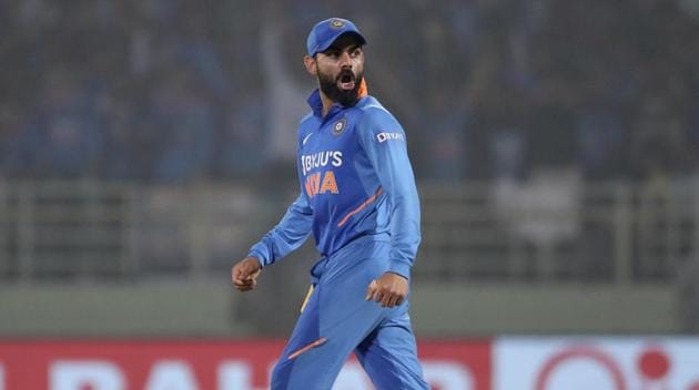India's captain Virat Kohli celebrates the dismissal of West Indies' Shimron Hetmyer. (AP) India's captain Virat Kohli celebrates the dismissal of West Indies' Shimron Hetmyer. (AP)