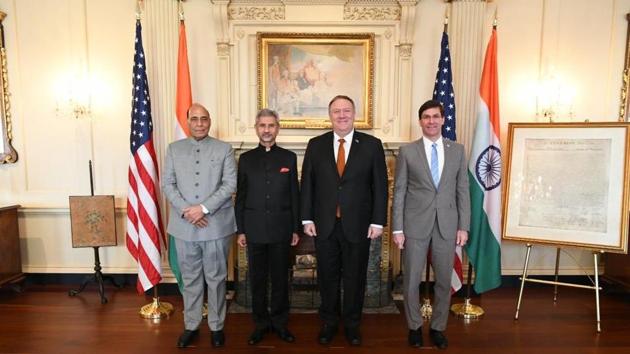 From left: Defence minister Rajnath Singh, foreign minister S Jaishankar, US Secretary of State Mike Pompeo and US Secretary of Defence Mike Esper. (Twitter/@RajnathSingh) From left: Defence minister Rajnath Singh, foreign minister S Jaishankar, US Secretary of State Mike Pompeo and US Secretary of Defence Mike Esper. (Twitter/@RajnathSingh)