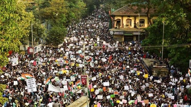 In Maharashtra, the Congress, NCP and various other parties came together under a front called ‘Hum Bharat Ke Log’ for a protest rally at Mumbai’s August Kranti Maidan, the place where in 1942 Mahatma Gandhi told the then British rulers to quit India. Noted freedom fighter G G Parikh, 94, who participated in the Quit India movement in 1942, was present at the Maidan. However, Maharashtra’s ruling alliance partner Shiv Sena did not participate. (Satish Bate / HT Photo) 