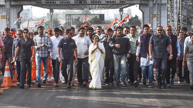 West Bengal Chief Minister and TMC chief Mamata Banerjee leads a protests rally of her party workers through Howrah Bridge, against the NRC and the Citizenship Amendment Act, in Kolkata, Wednesday, Dec. 18, 2019.(PTI photo)