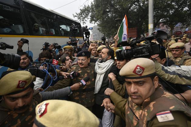Swaraj India leader Yogendra Yadav, who arrived to participate in the protest outside Red Fort, is detained by Delhi Police. “India today has the ignominy of being the largest internet shutdown in the world. It is unacceptable. Metro stations were closed. This is worse than what we saw during the Emergency. The manner in which they are dealing with democratic protests is unacceptable,” CPI(M) leader Sitaram Yechury, who has also been detained, said. (Biplov Bhuyan / HT Photo) 