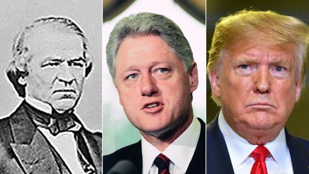 (L-R) A circa 1860-1865 photo of former US President Andrew Johnson as photographed by Civil War photographer Mathew Brady, US President Bill Clinton giving a speech in Detroit on September 3, 1996 and US President Donald Trump during a tour of the Flextronics computer manufacturing facility in Austin, Texas, on November 20. 2019. Before Trump, three other US presidents faced impeachment proceedings. None was ousted by impeachment, although Richard Nixon resigned rather than be impeached. (AFP)