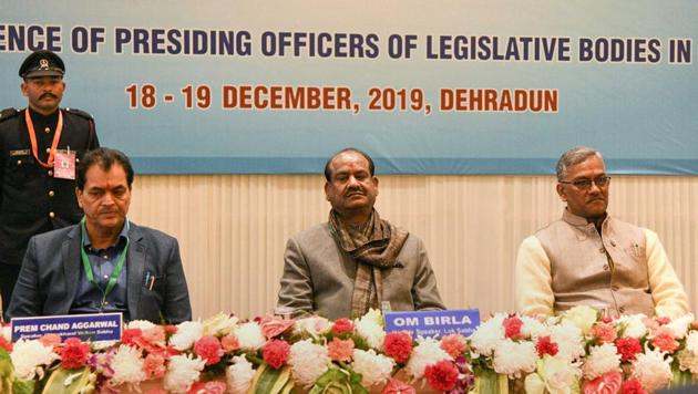 Lok Sabha speaker Om Birla with Uttarakhand Assembly Speaker Premchand Aggarwal and Chief Minister Trivendra Singh Rawat at the conference of presiding officers of legislative bodies, in Dehradun, on Wednesday. (PTI Photo) Lok Sabha speaker Om Birla with Uttarakhand Assembly Speaker Premchand Aggarwal and Chief Minister Trivendra Singh Rawat at the conference of presiding officers of legislative bodies, in Dehradun, on Wednesday. (PTI Photo)
