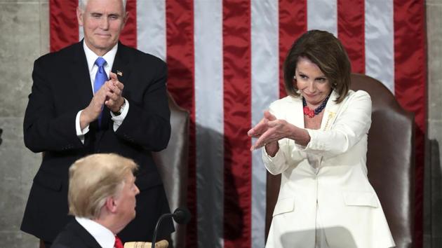 President Donald Trump turns to House Speaker Nancy Pelosi of Calif., as he delivers his State of the Union address to a joint session of Congress on Capitol Hill in Washington, as Vice President Mike Pence watches. (File photo: AP) President Donald Trump turns to House Speaker Nancy Pelosi of Calif., as he delivers his State of the Union address to a joint session of Congress on Capitol Hill in Washington, as Vice President Mike Pence watches. (File photo: AP)