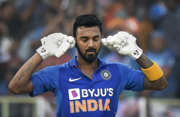K L Rahul reacts after completing his century during the 2nd One Day International cricket match against West Indies. (PTI)