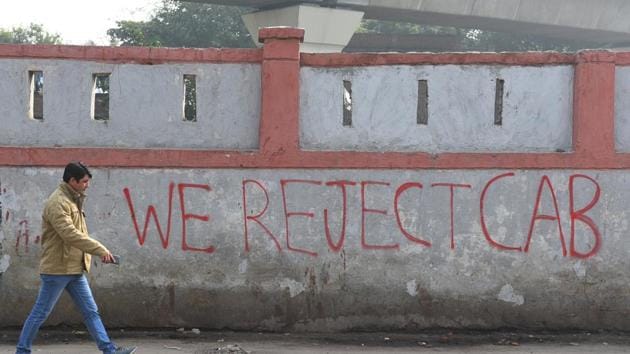 Anti Citizenship Amendment Act (CAA) graffiti written on a wall at Seelampur in northeast Delhi, December 18, 2019. (Sanchit Khanna/HT PHOTO) Anti Citizenship Amendment Act (CAA) graffiti written on a wall at Seelampur in northeast Delhi, December 18, 2019. (Sanchit Khanna/HT PHOTO)