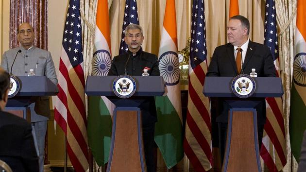 Secretary of State Mike Pompeo, second from right, accompanied by Indian External Affairs Minister Dr. S. Jaishankar, second from left, and Defense Minister Shri Rajnath Singh, left, during a news conference after a bilateral meeting at the Department of State in Washington, Wednesday, Dec.18, 2019. (AP) Secretary of State Mike Pompeo, second from right, accompanied by Indian External Affairs Minister Dr. S. Jaishankar, second from left, and Defense Minister Shri Rajnath Singh, left, during a news conference after a bilateral meeting at the Department of State in Washington, Wednesday, Dec.18, 2019. (AP)